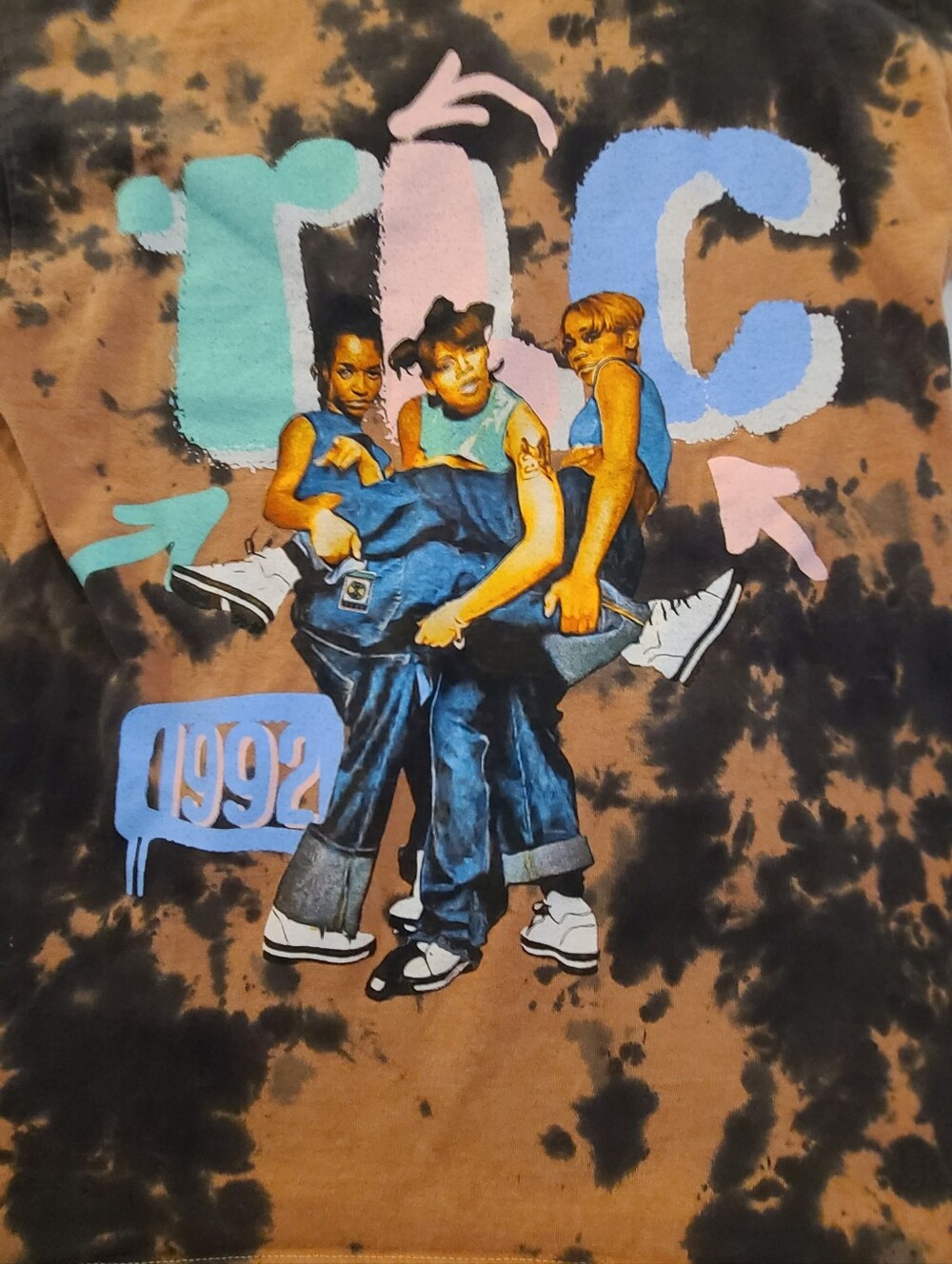 TLC Tie-Dye Graphic Tee Brown Black with Pastel, Band Tee, Women's Med - Picture 2 of 6